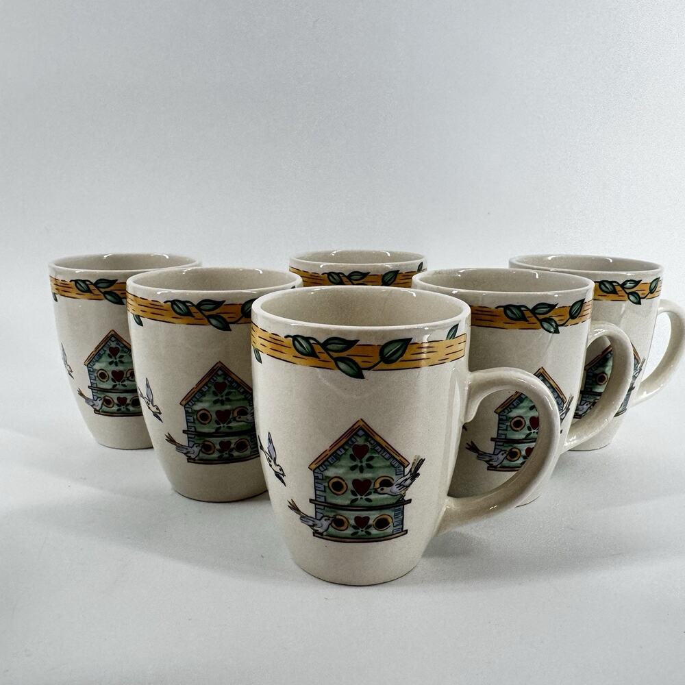 Thomson Pottery Birdhouse Set Of 6 Coffee Mugs Cups Cottage Core Rustic